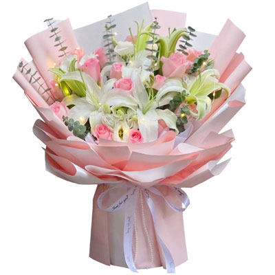 延边16朵粉玫瑰百合，感情稳定坚固